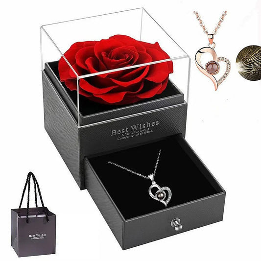 Heart-Shaped Red Rose Necklace with Gift Box - Valentine's Day, Anniversary, Birthday, Mother's Day Gift for Women, Mom, Wife