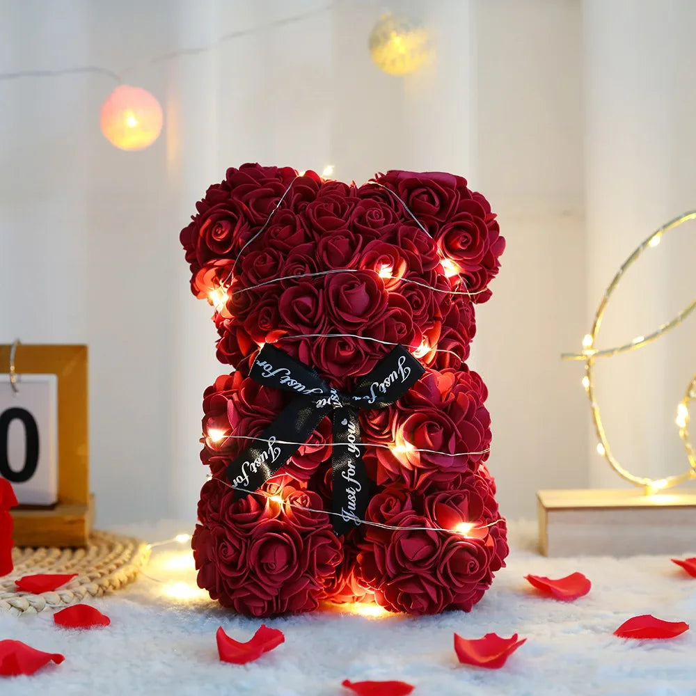 25cm Artificial Teddy Rose Flower Bear with Box Romantic Valentines Day Gift Girlfriend Women Anniversary Wedding Party Supplies