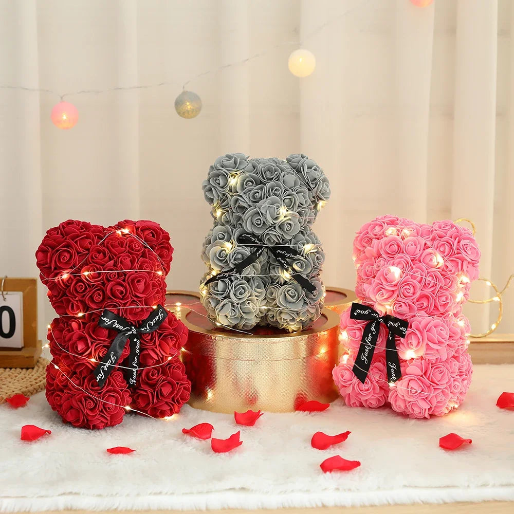 25cm Artificial Teddy Rose Flower Bear with Box Romantic Valentines Day Gift Girlfriend Women Anniversary Wedding Party Supplies